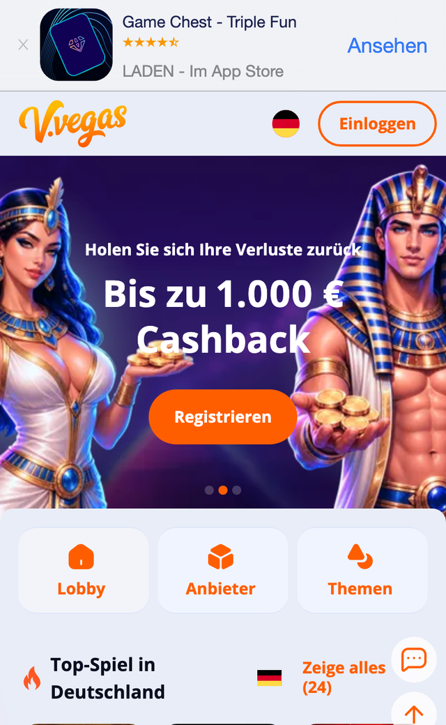 Mobile Startseite von V.Vegas (Vulkan Vegas) mit Cashback-Banner auf dem Smartphone