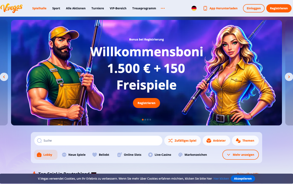 Startseite von V.Vegas (ehemals Vulkan Vegas) mit Willkommensboni 1.500 € + 150 Freispiele