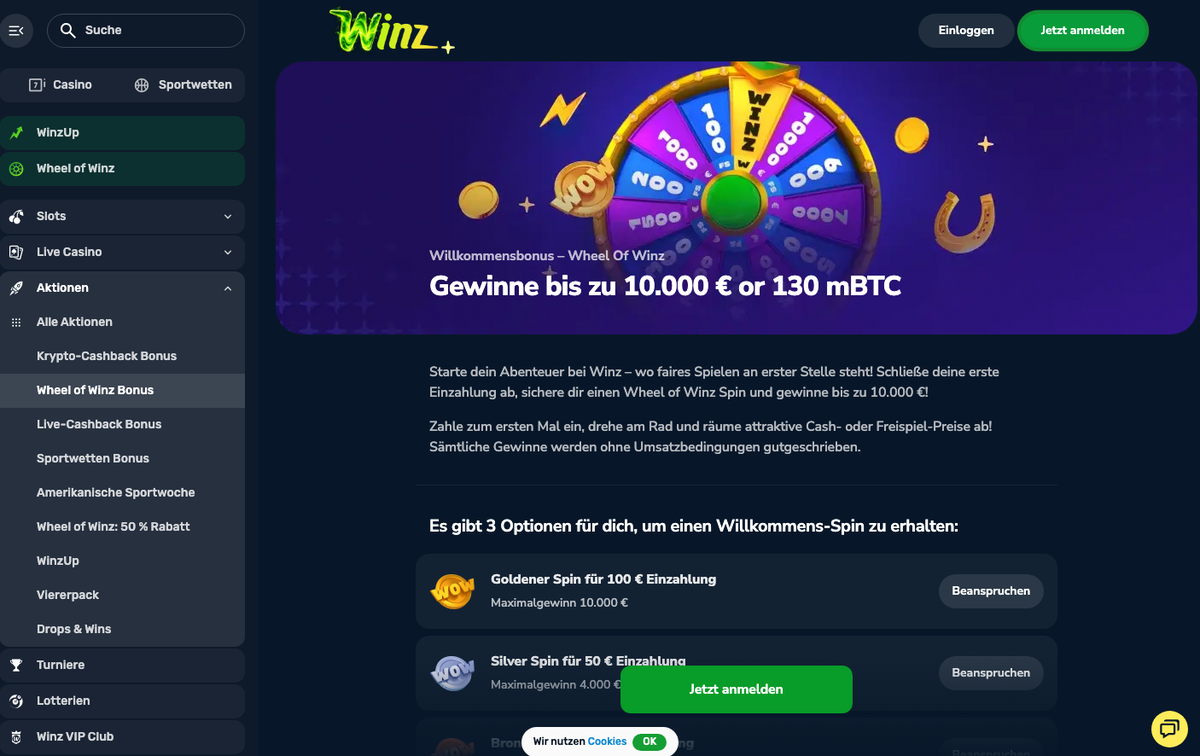 Winz Wheel of Winz Willkommensbonus mit Gewinnen bis zu 10.000 €