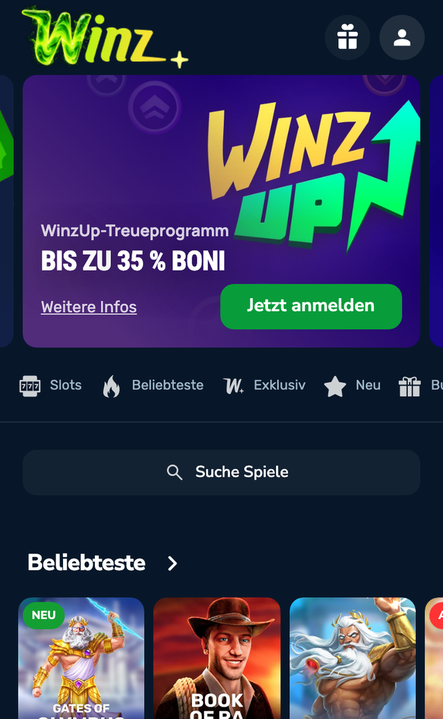 Mobile Startseite von Winz mit WinzUp-Treueprogramm und Spielauswahl