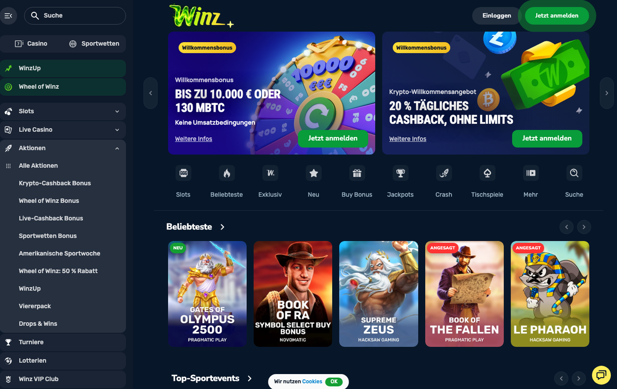 Winz Startseite mit Wheel-of-Winz-Willkommensbonus bis zu 10.000 € ohne Umsatzbedingungen
