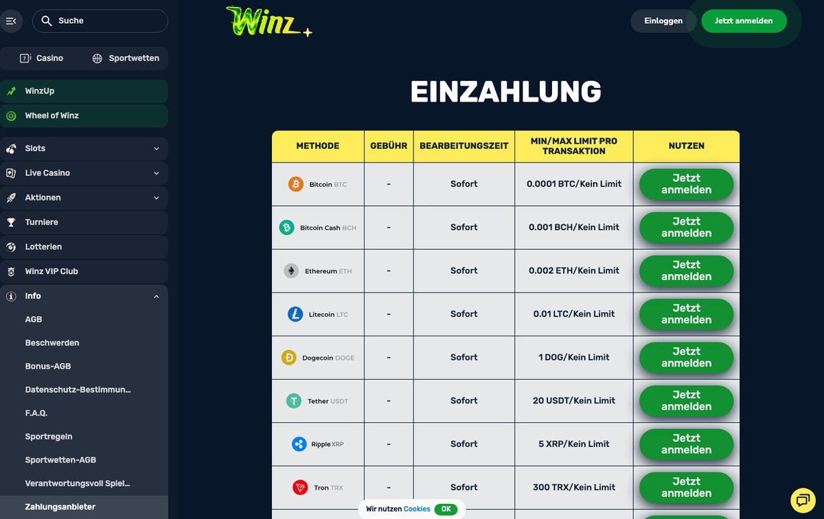 Winz Einzahlungstabelle mit Bitcoin, Ethereum, Litecoin und weiteren Kryptowährungen