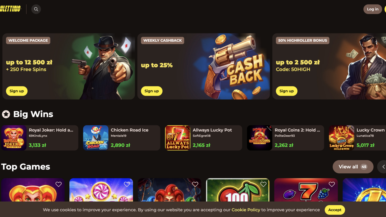 Screenshot der Roulettino Casino-Startseite im 1920er-Speakeasy-Stil