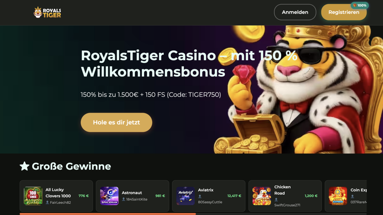 Screenshot der Royals Tiger Casino-Startseite