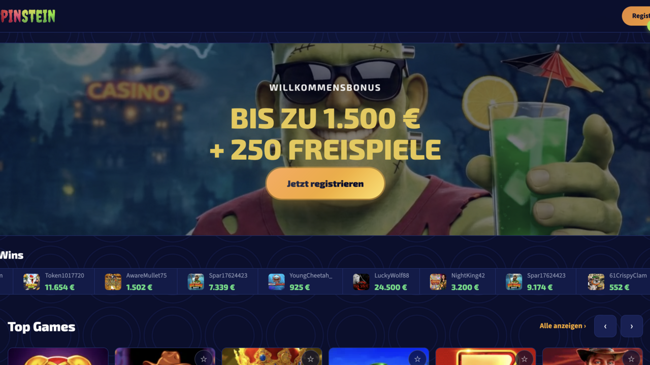 Screenshot der SpinStein Casino-Startseite