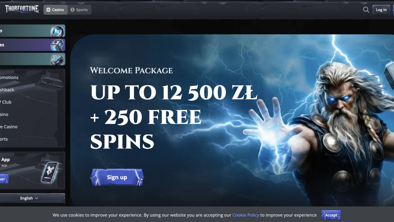 Screenshot der Thor Fortune Casino-Startseite mit nordischer Götterwelt
